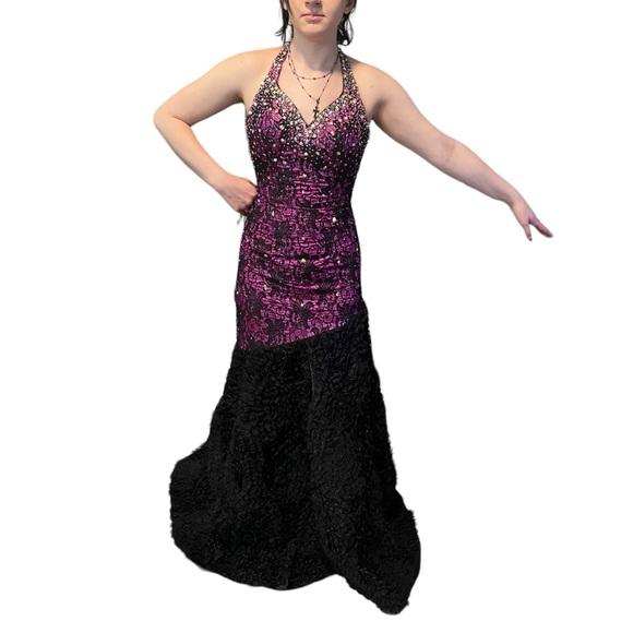 Johnathan Kayne Purple Black Lace Halter Goth Prom Wedding Dress Gown 2 edgy - Picture 11 of 15